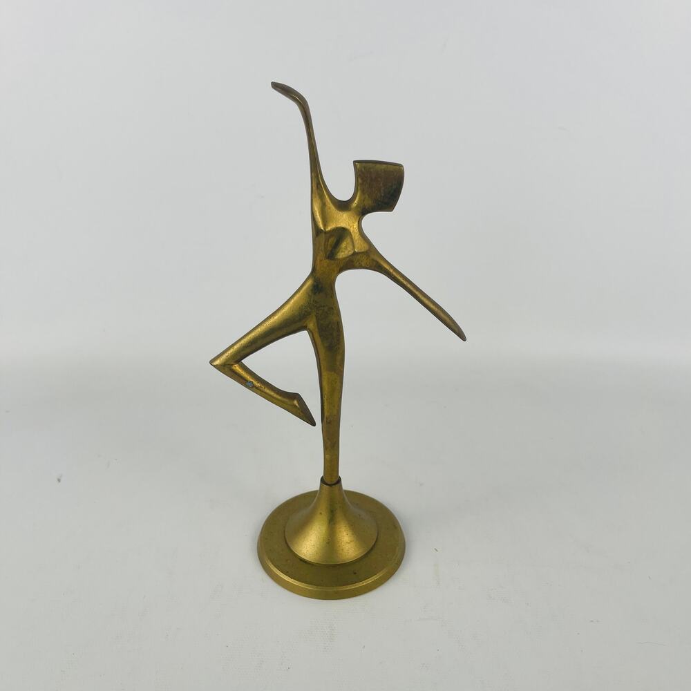 Vintage MCM Brass Dancer Figurine on Round Pedestal Base 8 3/4"